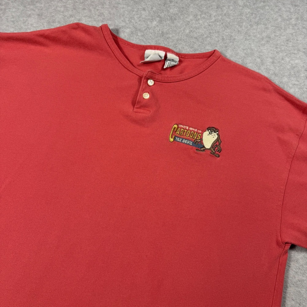 Looney Tunes Taz Devil Henley Shirt Mens XL Orange Short Sleeve Pique Cotton